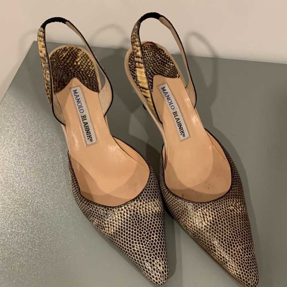 Manolo Blahnik Snakeskin Heels - Black and Tan